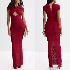 Ronny Kobo Nasha Burgundy Red Twist Front Gathered Cut Out Mesh Dress Size S